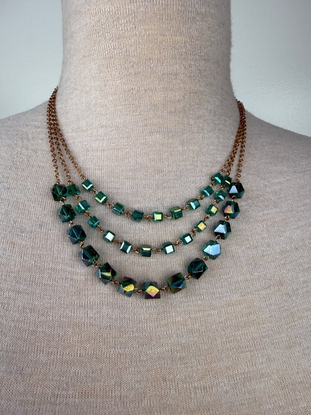 Green Glass Gold Tone Chain Necklace - Three Chains - 17-19"